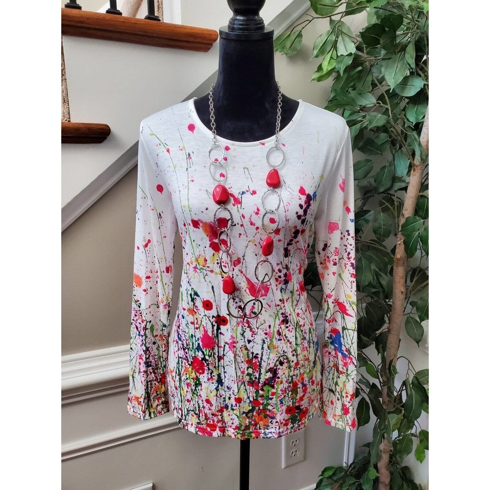 SHEIN Women's White Tie Dye Polyester Round Neck Long Sleeve Casual Top Shirt M